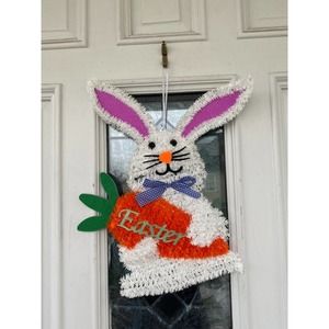Tinsel Easter Bunny with Blue Plaind Bow & Carrot Hanging Wall Door Wreath Sign
